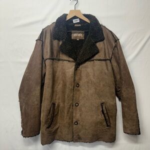 GUESS Genuine Leather Shearling Jacket Brown Sherpa Lined Coat Men’s XL